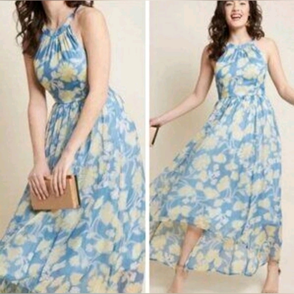 NWOT Modcloth Blue Floral High-Low Maxi Dress Spring Summer Wedding Vacation MED